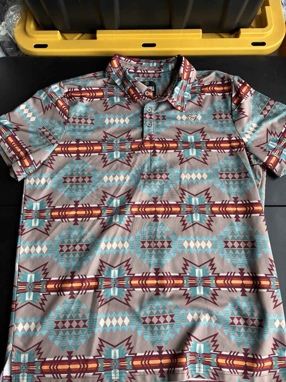 Rock & Roll Denim Polo Shirt Mens XL Aztec Western Stretch Orange Gray Print VG